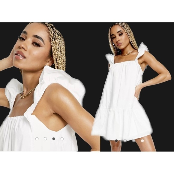 Missguided White Frill Ruffle Sleeve Smock Parachute Mini Dress Size 14 XL - Picture 1 of 8